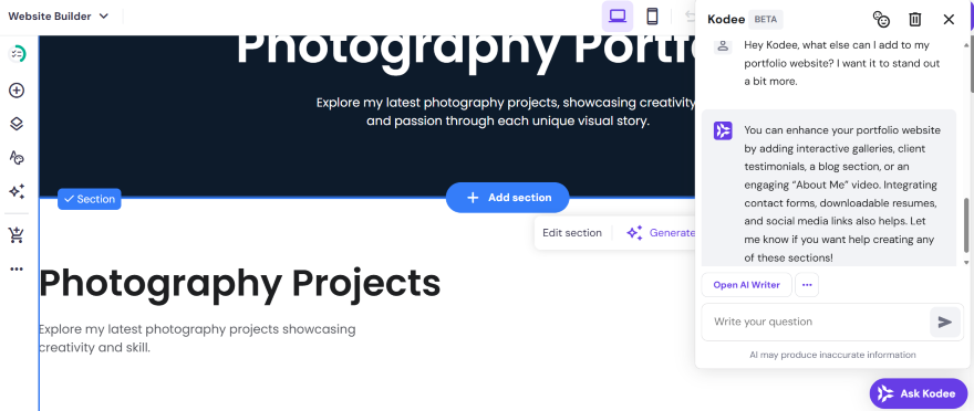 Screenshot of a website builder interface featuring a "Photography Projects" section with tips from an AI assistant for enhancing a portfolio.
