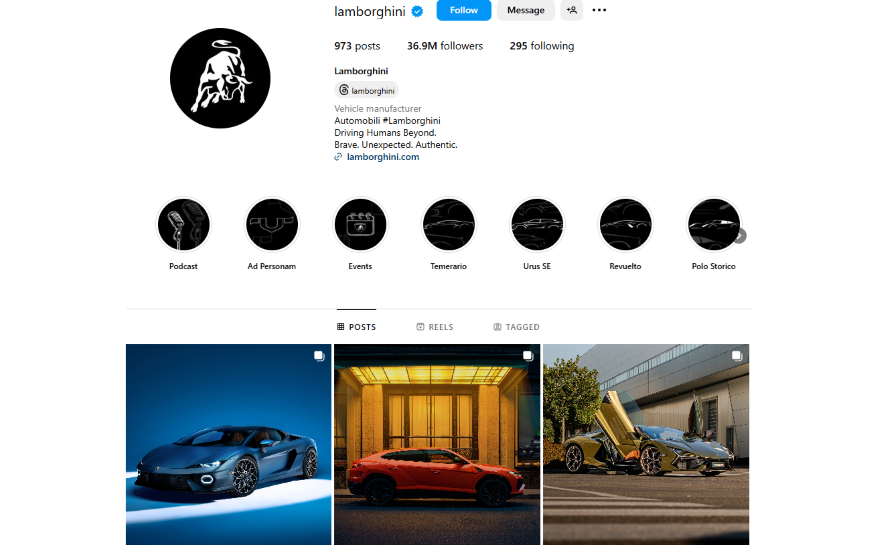 Screenshot of Lamborghini's instagram poge