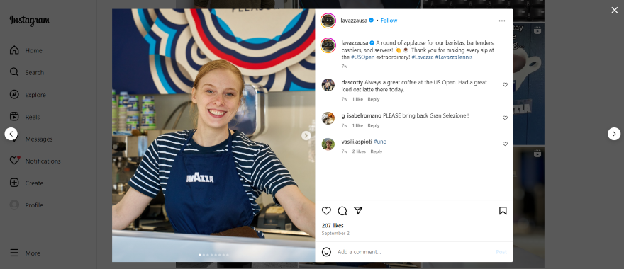 Screenshot of a Lavazza USA Instagram post highlighting their baristas who worked at the US open