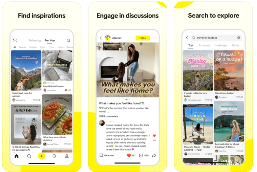 Promotional shots of Lemon8 on mobiles showing the app's features and video feed