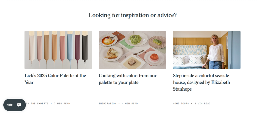 Screenshot of a blog section on Lick Paint's US homepage