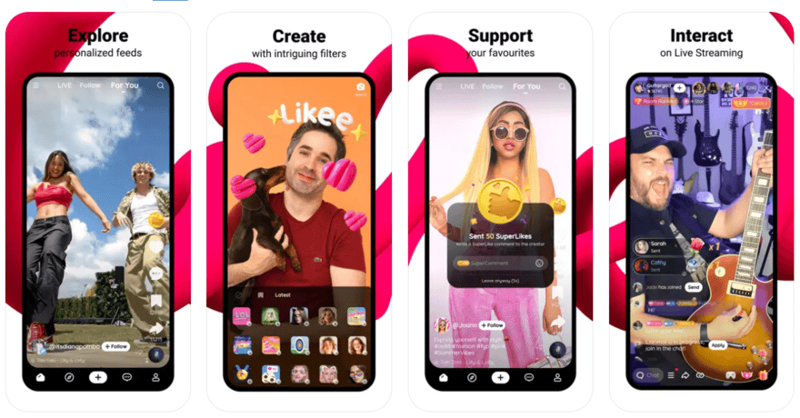 Promotional shots of Likee being used on mobiles to show the app's features and interface