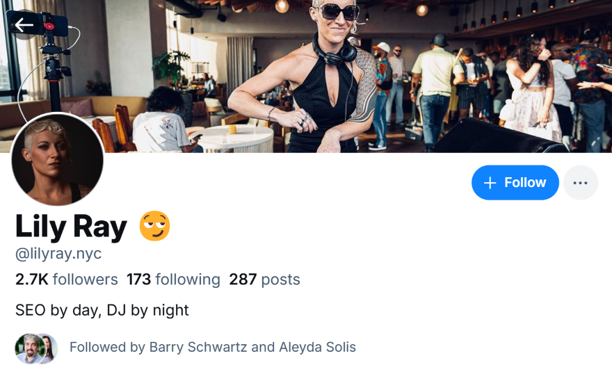 Screenshot of the Bluesky account bio for Lily Ray
