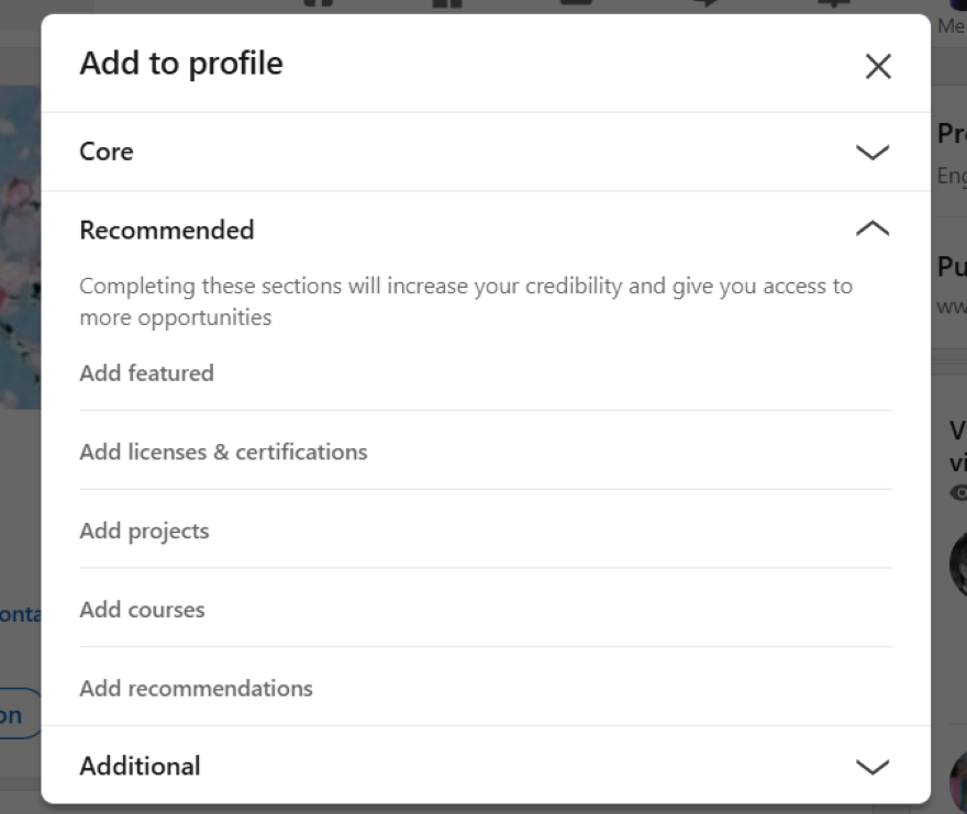 A pop-up showcasing different things to add to a LinkedIn profile