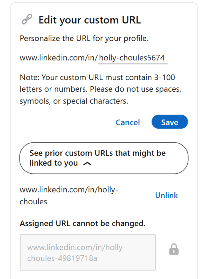 Box on LinkedIn to edit a profile's URL