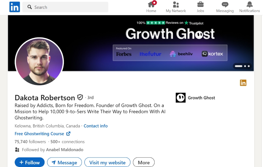Screenshot of a LinkedIn profile photo, banner, and bio
