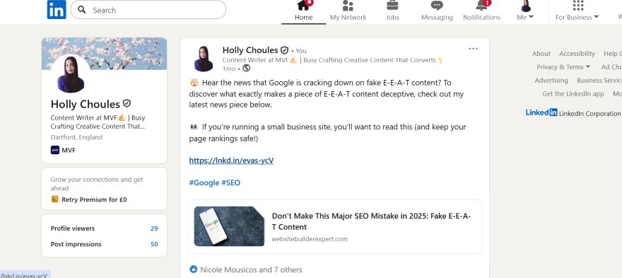 LinkedIn post by Holly Choules, a content writer, sharing insights on Google's E-E-A-T content policies with a link to an article.