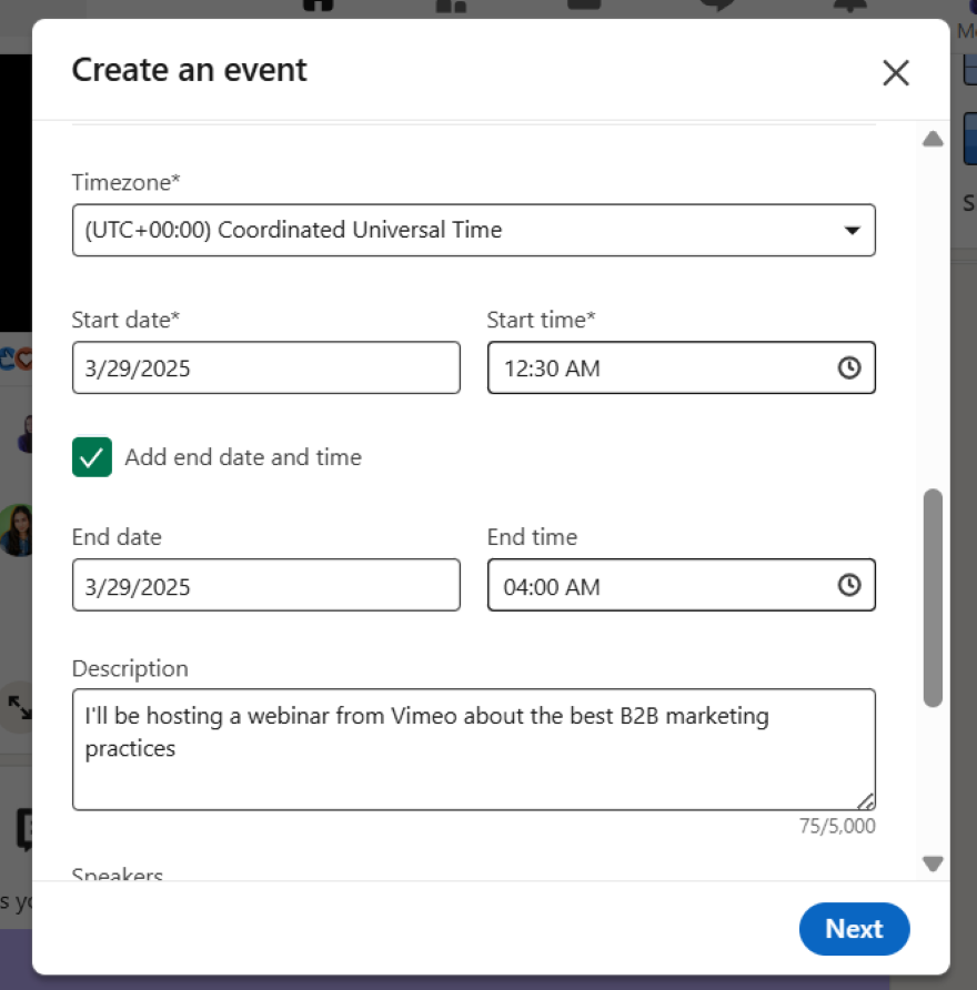 Creating a live event on LinkedIn with start and end dates, timezone & description