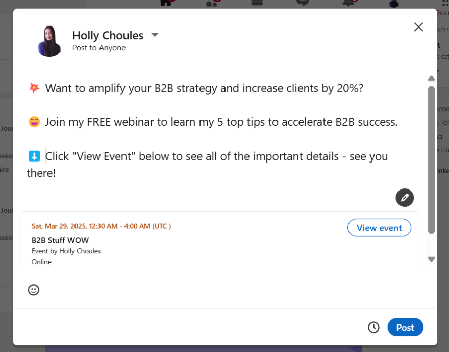 A LinkedIn post promoting a LinkedIn live on B2B strategy