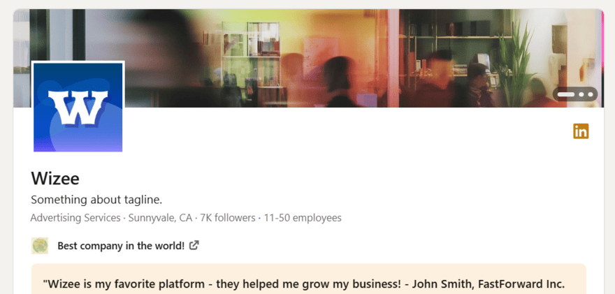 LinkedIn example Premium Company Page for a fake company called Wizee, showing the Premium gold logo in the header