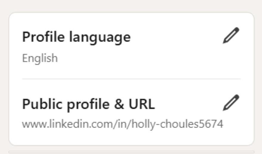 Box showcasing settings to change profile language and profile details & URL