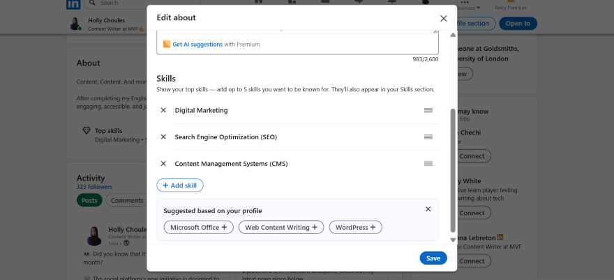 Screenshot of a LinkedIn profile editing section, showcasing skills like Digital Marketing and SEO, with suggestions for additional skills.