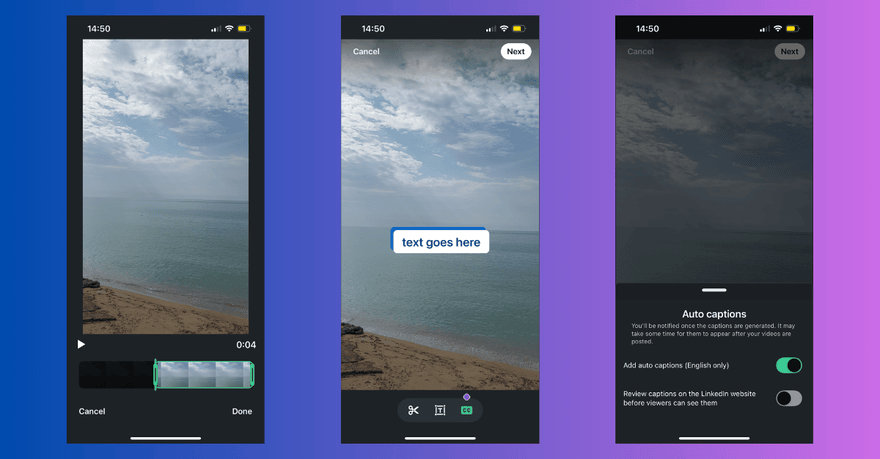 Three phone screenshots in a row showing the LinkedIn video editor and its features