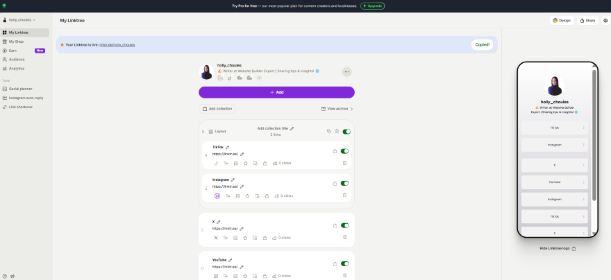 Screenshot of a Linktree dashboard with ability to add links to profile