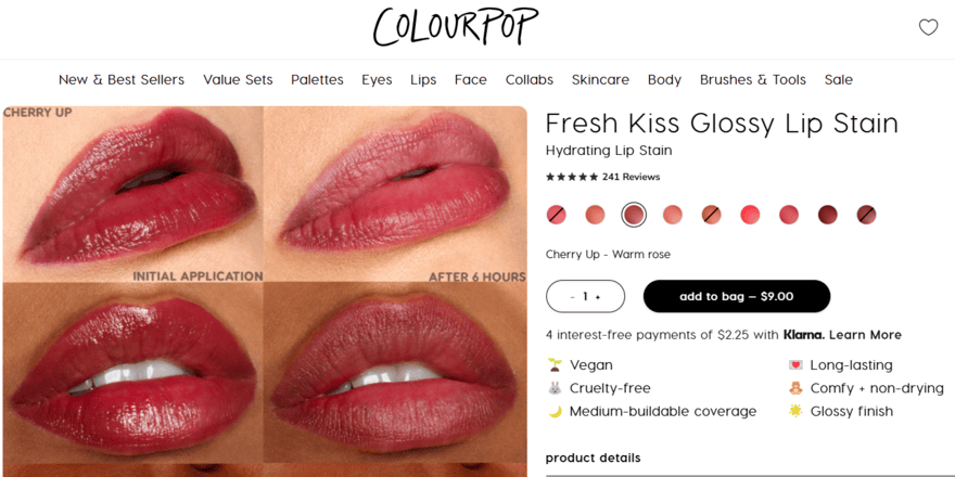 Colourpop lip stain product page
