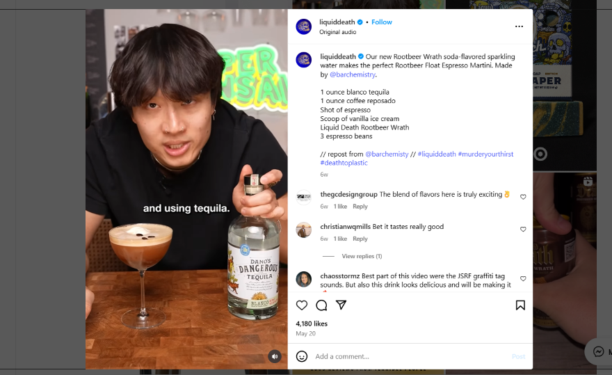 Instagram Reel of a man in a black t-shirt with a cocktail glass featuring a creamy espresso martini topped with coffee beans