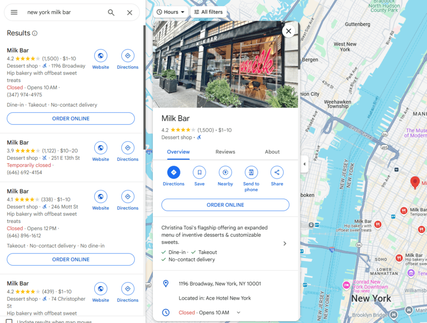 Google Maps search result for "New York milk bar", showing location schema for each result