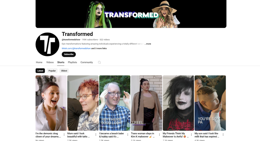 Screenshot of a YouTube channel page, Transformed, and its "shorts" tab