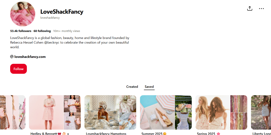 Screenshot of LoveShackFancy Pinterest account showcasing pastel product imagery
