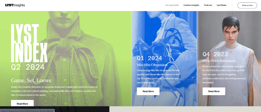 Screenshot of LYSTinsight's page featuring blog posts on fashion industry trends.