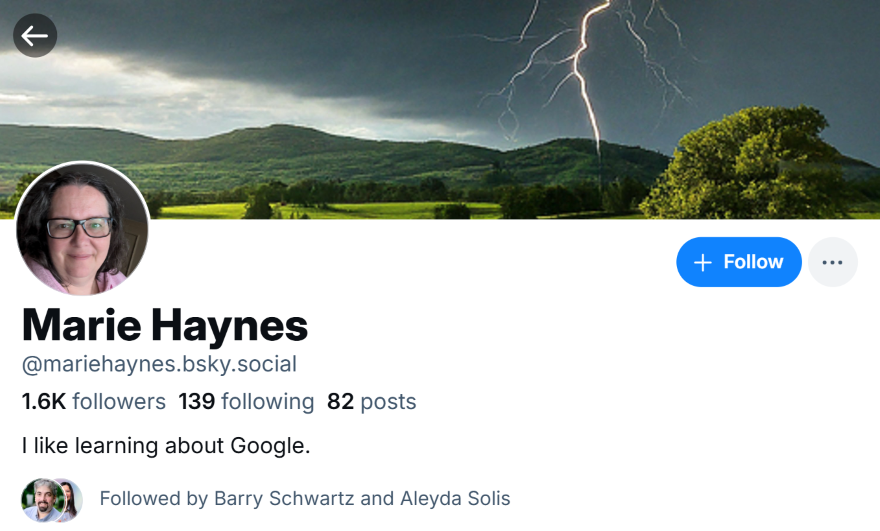 Screenshot of the Bluesky account bio for Marie Haynes