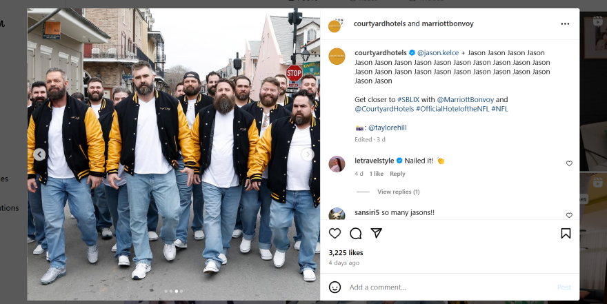 Screenshot of an Instagram post from Courtyard by Marriott with Jason Kelce lookalikes