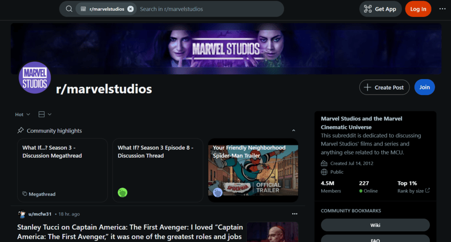 Marvel Studios subreddit homepage
