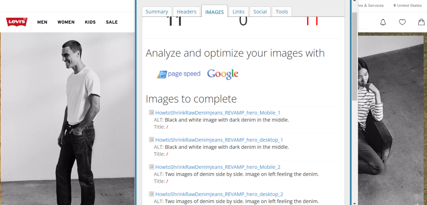 Screenshot of the Levi's blog page with an SEO pop-up box showing where the optimized images are