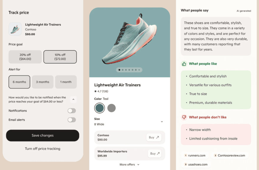 Examples of products displayed by Microsoft Copilot
