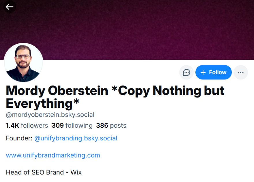 Screenshot of the Bluesky account bio for Mordy Oberstein