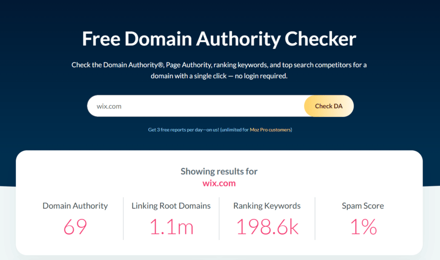 Moz's free domain authority checker with results for Wix.com
