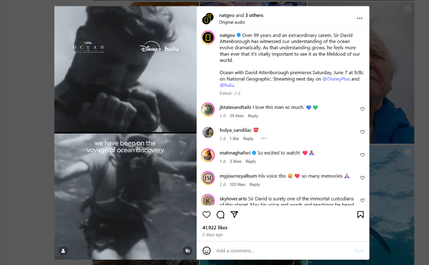 Screenshot of a National Geographic Instagram post with comments on screen