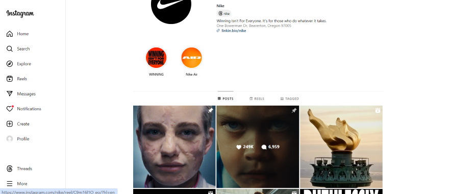 Screenshot of Nike's Instagram page with gallery photos