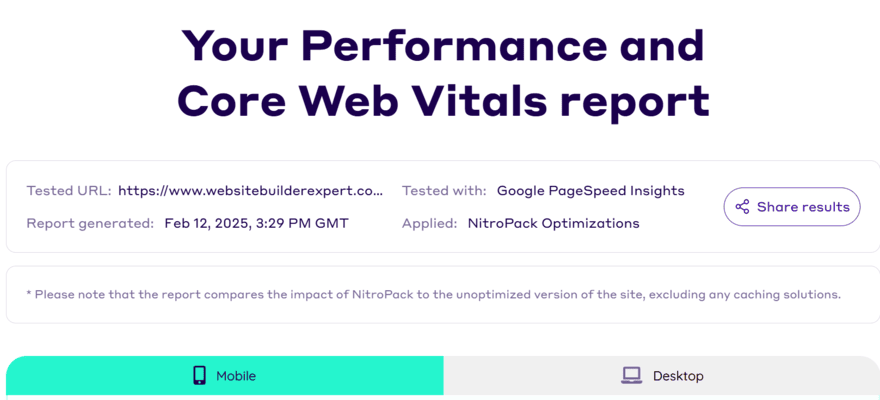 Performance and core web vitals report from NitroPack