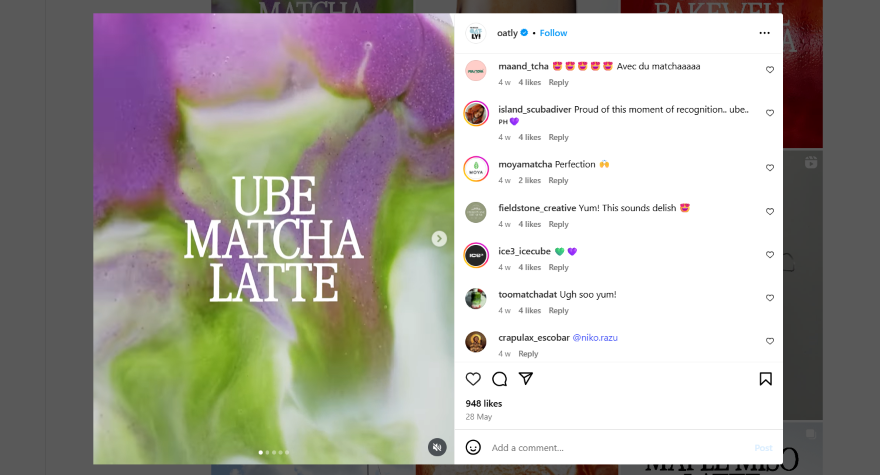 Closeup Instagram image of a purple and green drink with on-image text "ube matcha latte"