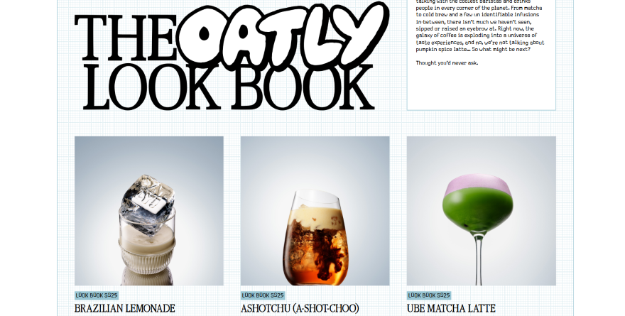 A collage featuring various types of drinks including The Oatly, Brazilian lemonade, Ashotchu (A-shot-choo), and ube matcha latte, with a colorful graphic design.