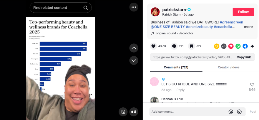 A TikTok video with an influencer happily dancing in front of a bar chart