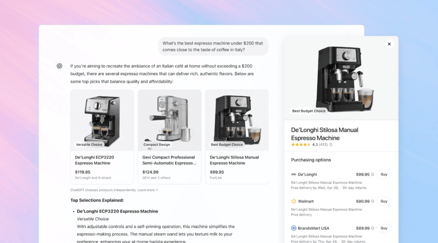 OpenAI ChatGPT shopping features, showing a conversation and product information for coffee machines