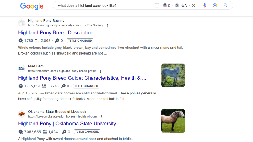 Google search results for "what does a highland pony look like" with three relevant pages