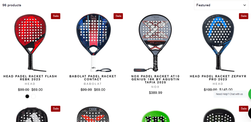 Product category page for padel rackets