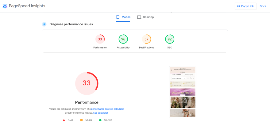 A "33" in a circle on PageSpeed Insights, reflecting a site's performance score