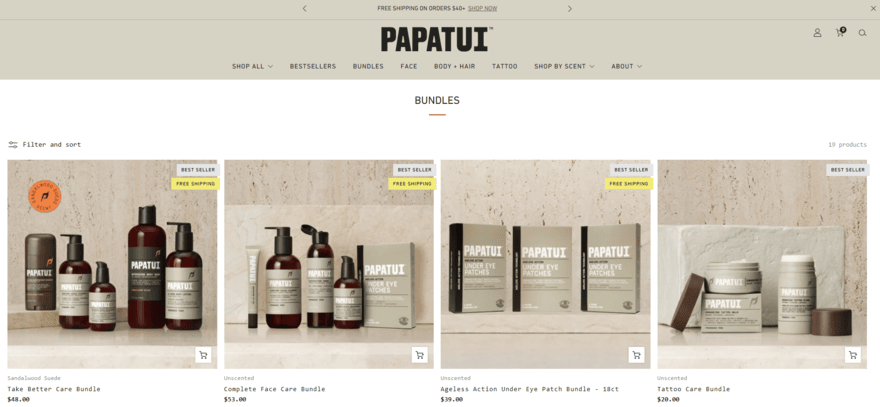 Papatui product page showing product bundles