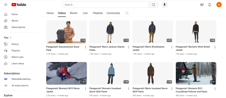 Screenshot of Patagonia's YouTube channel with thumbnails of their product demonstration videos