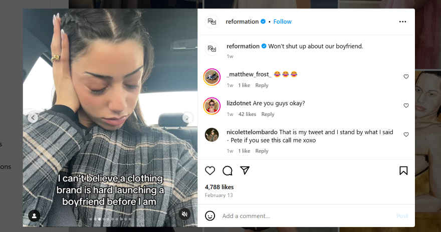 Screenshot of an Instagram post on Reformation's account which shares user generated memes