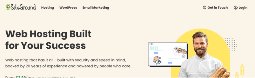 SiteGround web hosting service banner with the message "Web Hosting Built for Your Success," featuring a man with a laptop and icons representing the website's features and security.