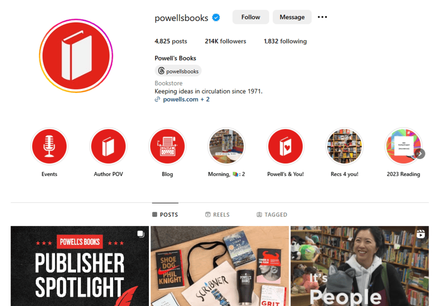 Powell's Books Instagram page showing a website link in the bio