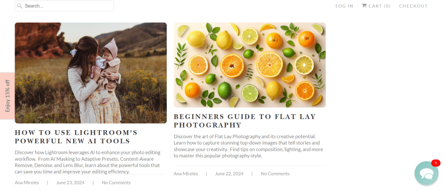 Screenshot of an ecommerce blog offering tips on photography and how to use Lightroom