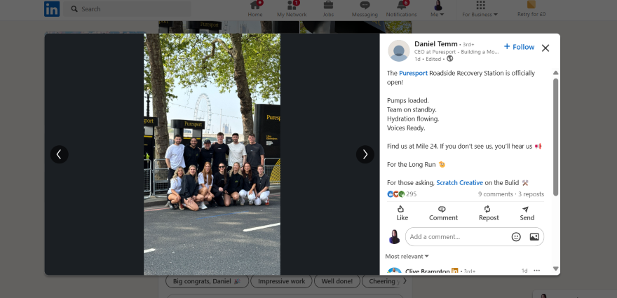 LinkedIn post of a work team standing outside and smiling for the group photo