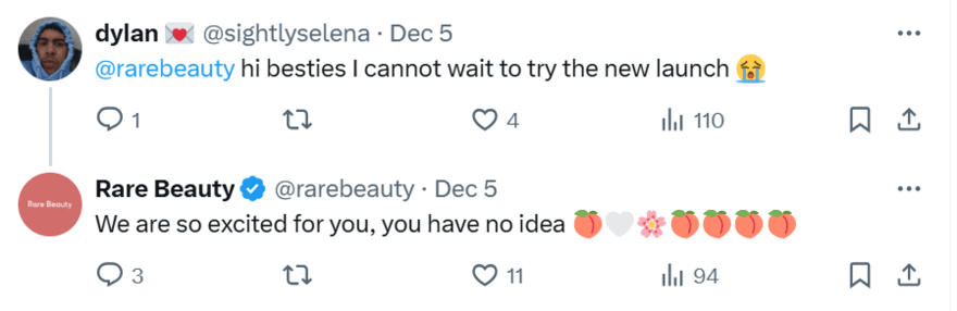 Rare Beauty responding to a customer in an X thread