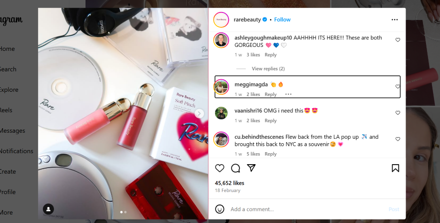 Post from the Rare Beauty Instagram account featuring an item layout with two lipglosses